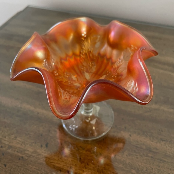 VTG Fenton Marigold Iridescent Mid-Century Carnival Glass Footed Compote Holly - Picture 2 of 10
